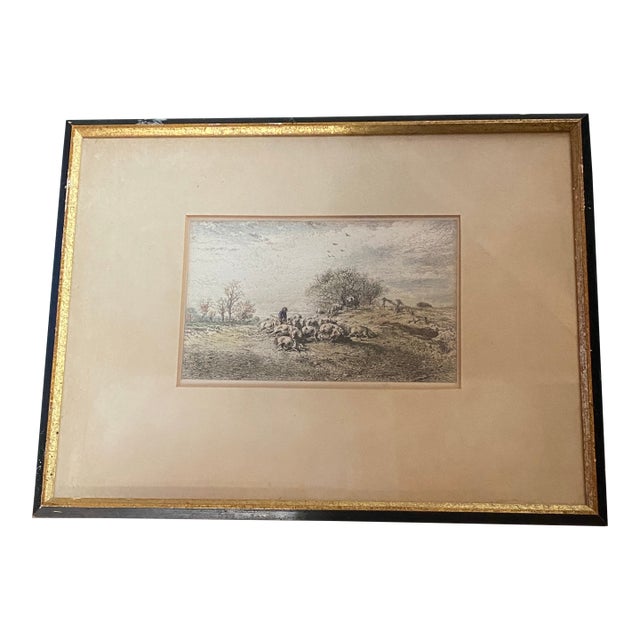 Framed 19th-Century Pastoral Landscape Etching of Sheep and a Shepherd. For Sale