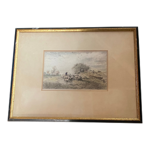 Framed 19th-Century Pastoral Landscape Etching of Sheep and a Shepherd.