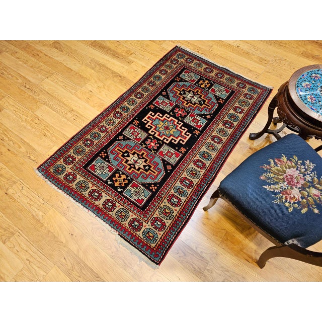 Black Vintage Persian Kurdish Rug, Hand-Knotted Wool, Geometric Pattern, Navy & Tan, 3x5 For Sale - Image 8 of 18