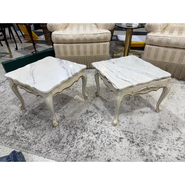 French Louis XV Style Vintage Pair Marble Top Low End Tables Marble tops are labeled on bottom made in Portugal Excellent...