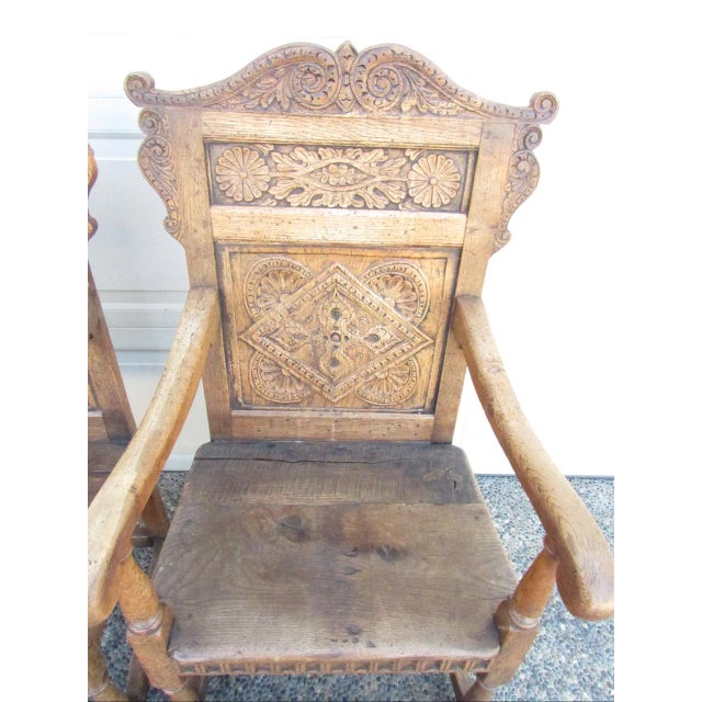 English Country Home Antique Pair of English Jacobean Style Oak Armchairs For Sale - Image 4 of 18