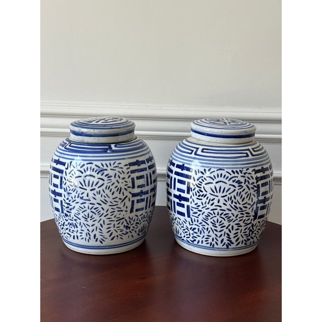 Chinoiserie Vintage Lidded Blue and White Double Happiness Jars— A Pair For Sale - Image 3 of 13