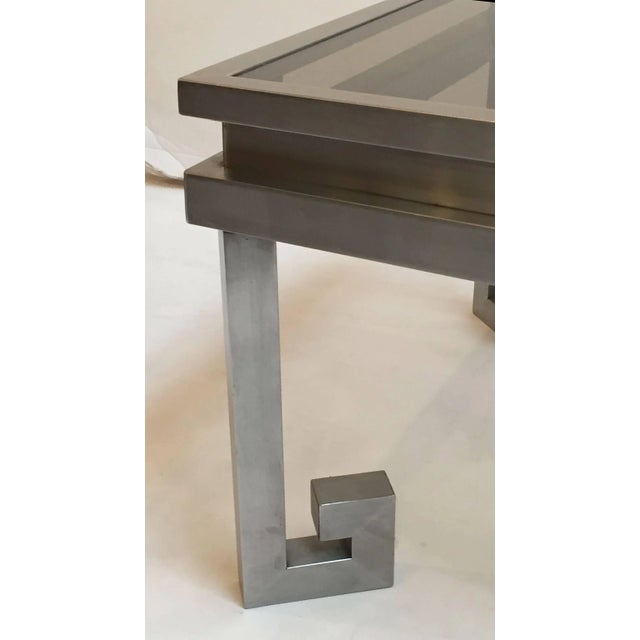 Silver Large French Low Cocktail or Coffee Table of Brushed Steel and Smoked Glass, Greek Key For Sale - Image 8 of 11