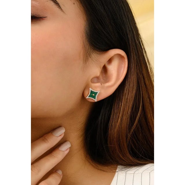 18k Yellow Gold 5.241ct Malachite Diamond Sparkle Stud Earrings by VRJewels- A Pair For Sale In New York - Image 6 of 11