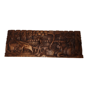 Mid 20th Century Vintage Oceania Wooden Carved Bas-Relief Pastoral Wall Sculpture