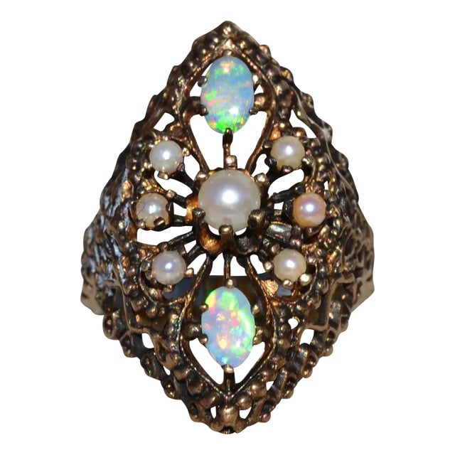 Ladies Brutalist Opal and Pearl Navette Shaped Ring in 14K Gold For Sale