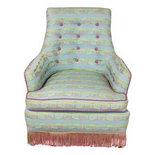Mid-20th Century Traditional Art Deco Club or Lounge Chair Upholstered W/Beachy Fabric & Bullion Fringe For Sale
