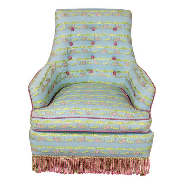 Mid-20th Century Traditional Art Deco Club or Lounge Chair Upholstered W/Beachy Fabric & Bullion Fringe For Sale