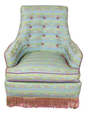 Mid-20th Century Traditional Art Deco Club or Lounge Chair Upholstered W/Beachy Fabric & Bullion Fringe