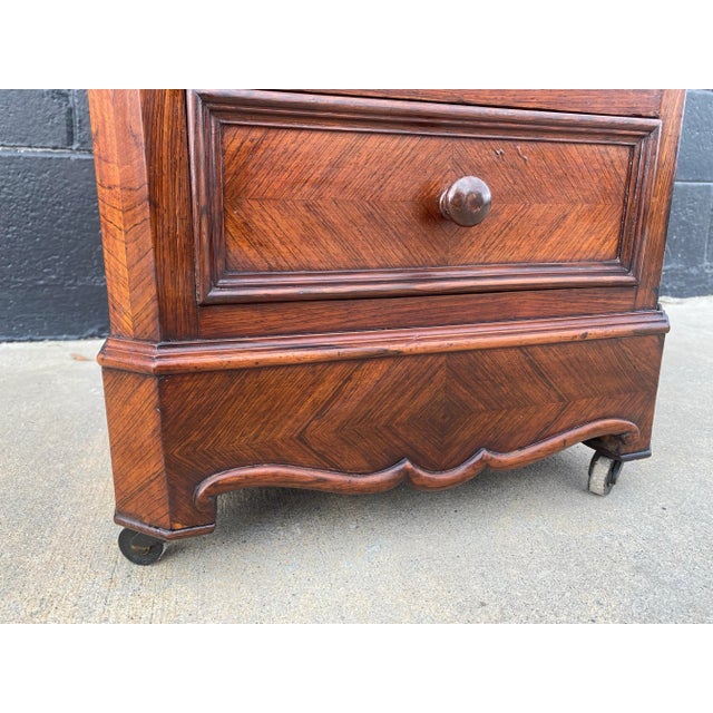 19th Century French Walnut Marquetry Nightstand With Marble Top and Original Casters For Sale - Image 10 of 11