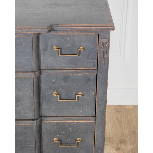 Gustavian Style Chest of Drawers in Black with Brass Hardware and Carved Details For Sale In Atlanta - Image 6 of 11