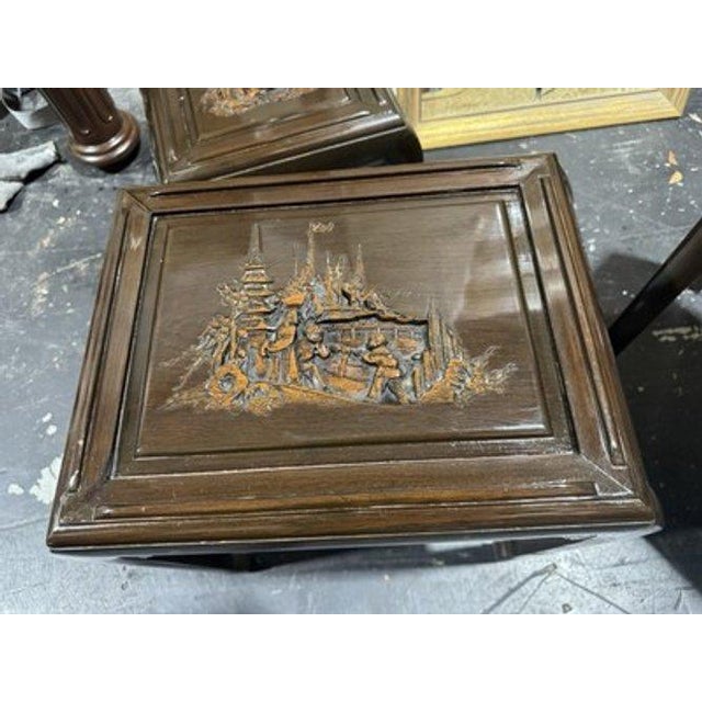 Vintage Engraved Nesting Tables Oriental Rose Wood Beautiful For Sale - Image 13 of 14