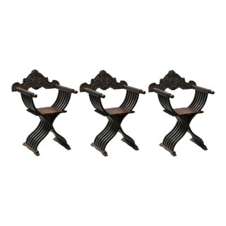 Antique Italian Armchairs - Hand Carved Savonarola Style - Set of 3 For Sale