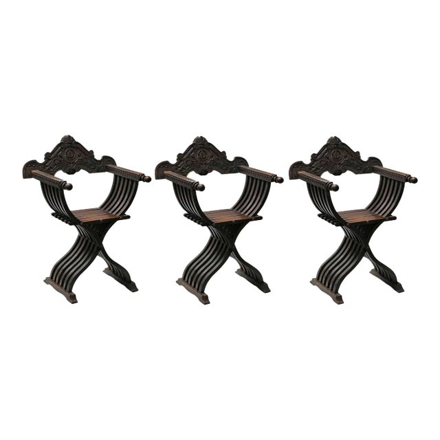 Antique Italian Armchairs - Savonarola Style - Hand Carved - Set of 3 For Sale