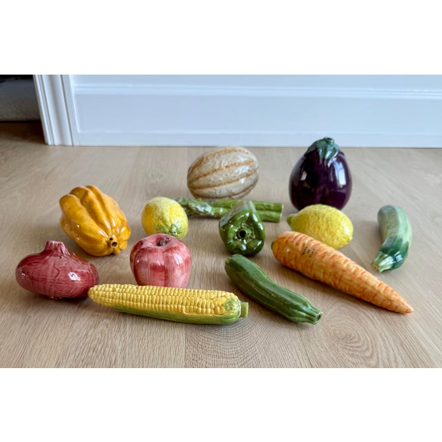 Hollywood Regency Vintage Italian Majolica Ceramic Fruit & Vegetable Collection – Trompe L’Oeil Centerpiece, Hand Painted Glazed Pottery, Set of 13 For Sale - Image 3 of 7