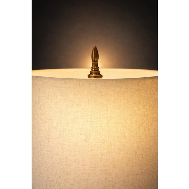 English Vintage Antiqued Brass Urn Table Lamp With Linen Drum Shade – 28” Traditional Neoclassical Lighting For Sale - Image 3 of 9
