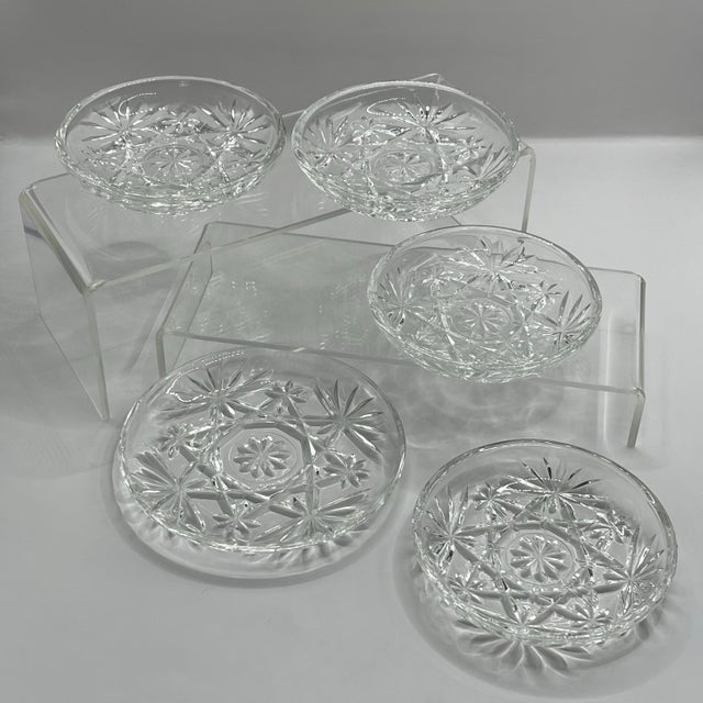 Transparent 1960’s “Prescut” Pressed Glass Coaster Set- Four Drinks & One Wine Bottle - Set of 5 For Sale - Image 8 of 9
