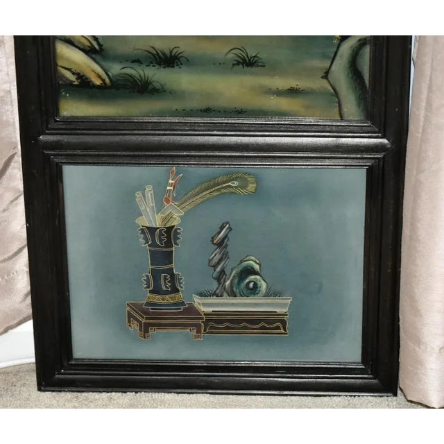 Onyx Antique Wall Plaque Chinese Reverse Painted Glass 3 Section Panel Black Frame For Sale - Image 8 of 10