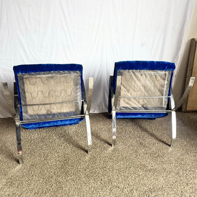 Early 20th Century Mid Century Modern Chrome Scissor X Lounge Chairs With Blue Fabric - A Pair For Sale - Image 5 of 12