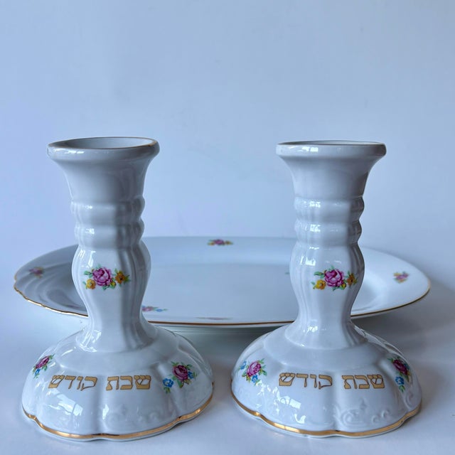 Vintage German Winterling Porcelain Shabbat Candlesticks With Matching Tray, Set of 3 For Sale In Miami - Image 6 of 12