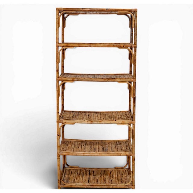 Pair Vintage Bamboo & Rattan Shelves Mid - Late 20th Cent Pair of vintage bamboo and rattan étagères, each featuring a...