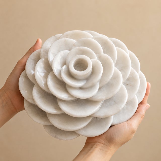 Traditional Hand-Carved Makrana Marble Rose Candle Holder For Sale - Image 3 of 5
