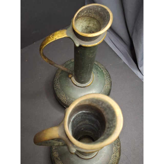 Metal Pair Vintage Pal-Bell Maurice Ascalon Bronze Ewers Pitchers Grape Motif Israel For Sale - Image 7 of 14