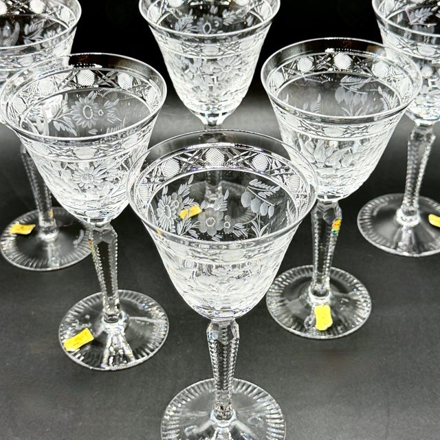 Meissen Crystal Wine Glasses, Floral Engraved & Cane Cut, German Bleikristall, 1960s, Set of 6 For Sale - Image 8 of 18