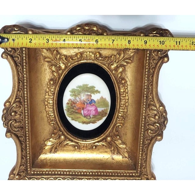 Metal Early 20th Century Antique Florentine Porcelain Courting Couple Scene Gold Frame Fragonard Brass Metal Backing For Sale - Image 7 of 10