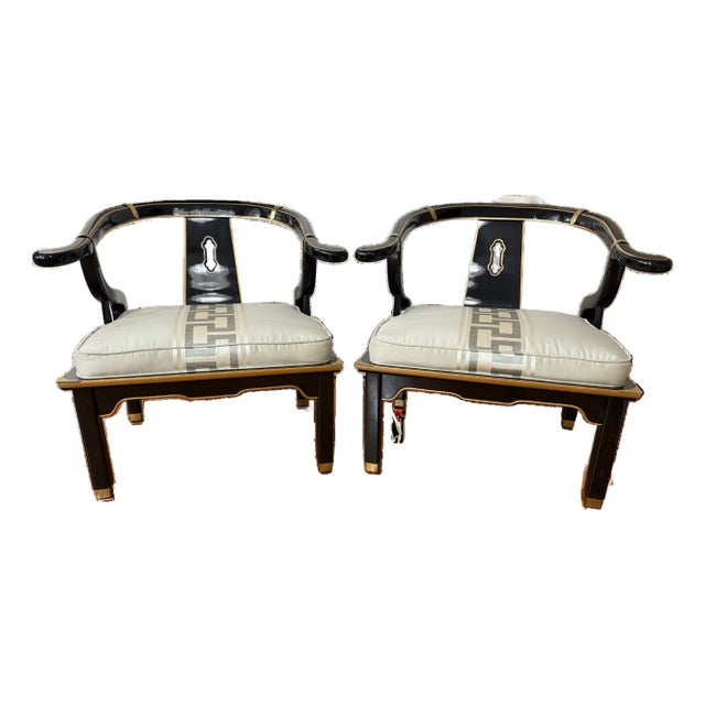 1980s Pair of James Mont–Style Black Lacquer & Brass Lounge Chairs by Century Furniture in Colefax & Fowler Silk For Sale