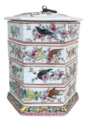 Vintage Chinoiserie Porcelain Hand Painted Famille Rose Style Stacking Boxes 8"