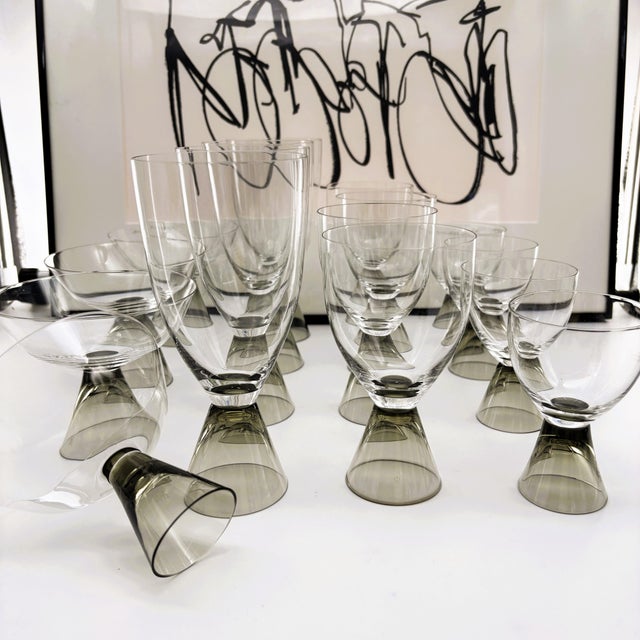 Rosenthal Germany 1960s Rosenthal Fortuna Smoke Crystal Glasses by Elsa Fischer-Treyden, Set of 16 For Sale - Image 4 of 11