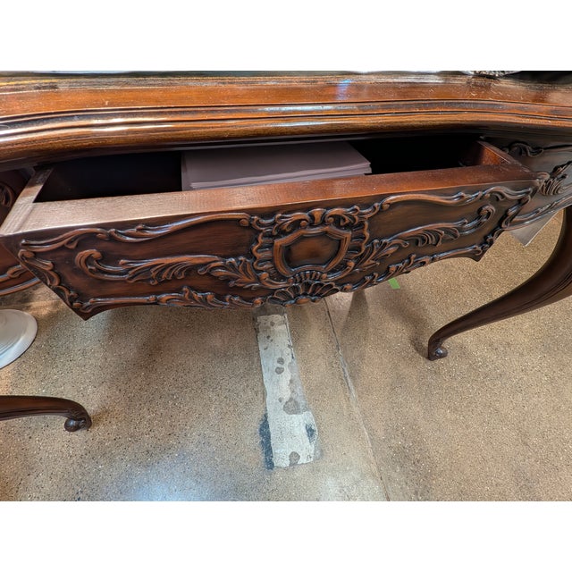 Brown Vintage French Louis XV Style Carved Walnut Writing Desk With Leather Top For Sale - Image 8 of 9