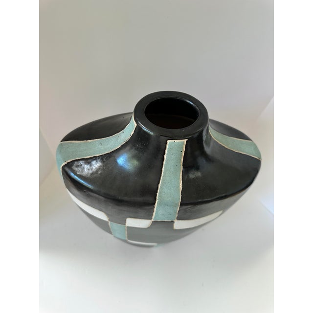 Ceramic Large Signed Architectural Studio Pottery Vessel in Black, White & Celadon, Handmade Ceramic Vase For Sale - Image 7 of 11