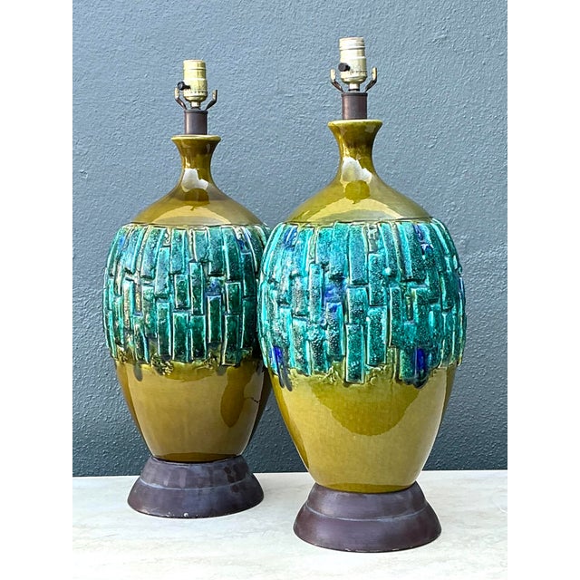 Mid 20th Century Vintage MCM Glazed Ceramic Lamps - A Pair For Sale - Image 5 of 9