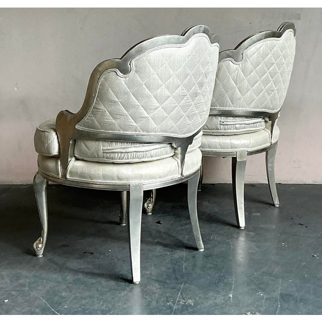 Vintage Regency Baroque Quilted Silver Leaf Lounge Chairs - A Pair For Sale - Image 4 of 6