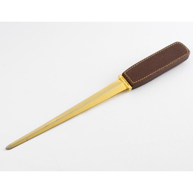 Gold Gucci Brown Leather Desk Letter Opener with Gilded Equestrian Motif, circa 1970 For Sale - Image 8 of 14