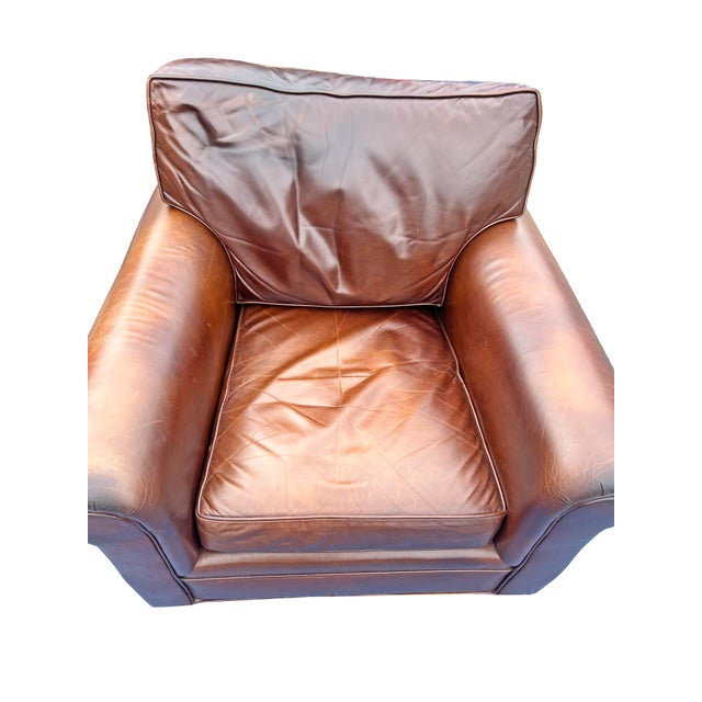 Red Vintage Restoration Hardware Style Leather Chair and Ottoman Set For Sale - Image 8 of 9