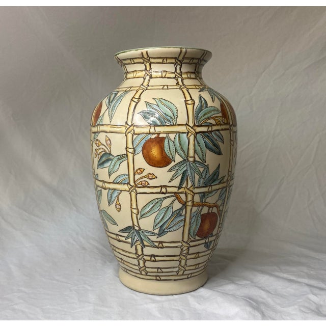 Vintage Asian Style Ceramic Vase With Hand Painted Bamboo and Peaches ...
