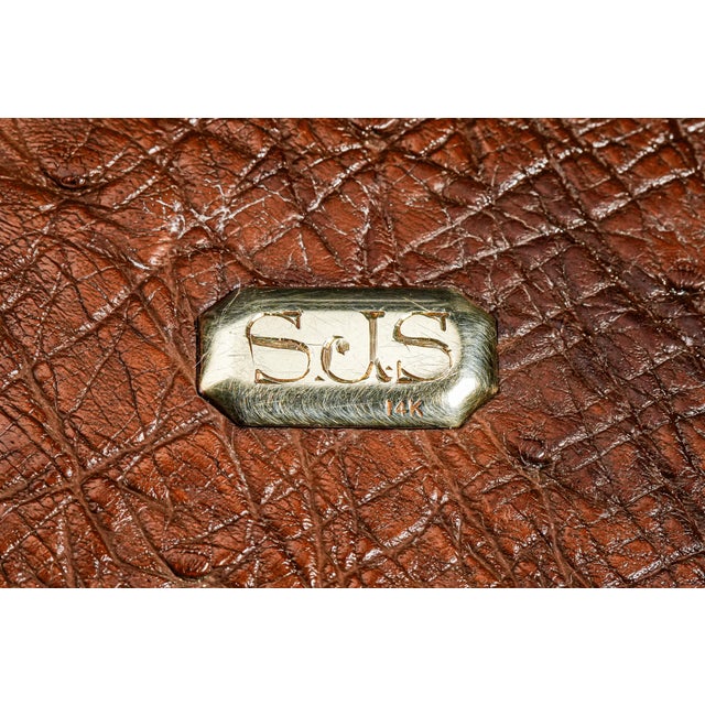Art Deco Amazing Quality Luxury Antique Ostrich Leather Wallet With 14k Gold Plaque Monogram SJS Credit Card Holder Money Cash Business Card Case For Sale - Image 3 of 9