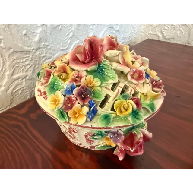 Capodimonte Vintage Italian Capodimonte Porcelain Flower Basket Box With Applied Roses For Sale - Image 4 of 11
