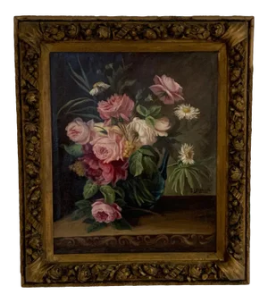 19th Century Framed Oil Painting of Flowers