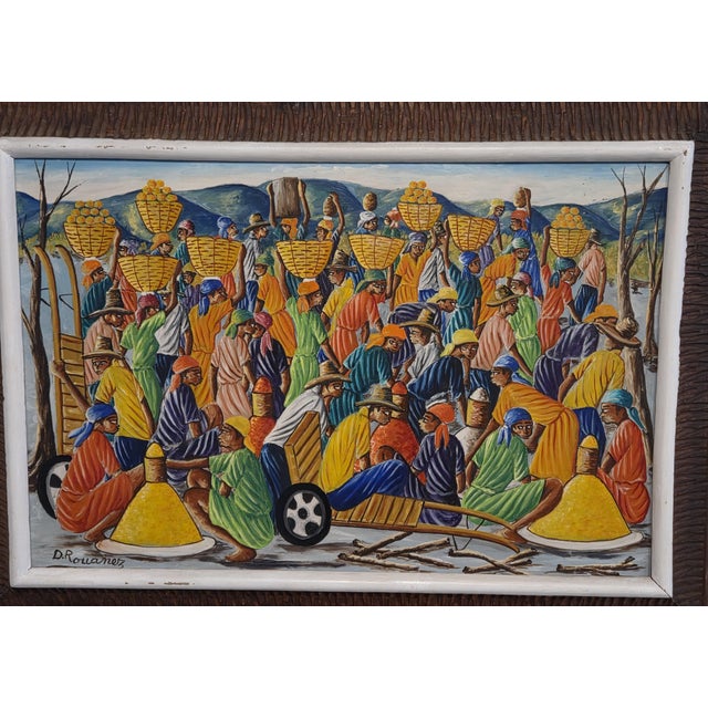 This beautiful original oil painting by esteemed Haitian folk artist Dieudonne Rouanez was purchased in 1978. Rouanez...