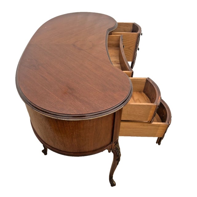 Wood Vintage French Desk Kidney Shaped Vanity Four Carved Drawers Petite Size For Sale - Image 7 of 12