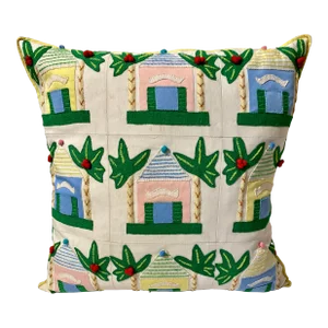 Pillow with Caribbean Cottages and Palms, Felt Appliqué and Stitching and Button Closure