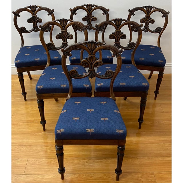 Set of Six English Carved Rosewood Dining Chairs C.1850 Gorgeous mid 19th century hand carved dining chairs with drop in...