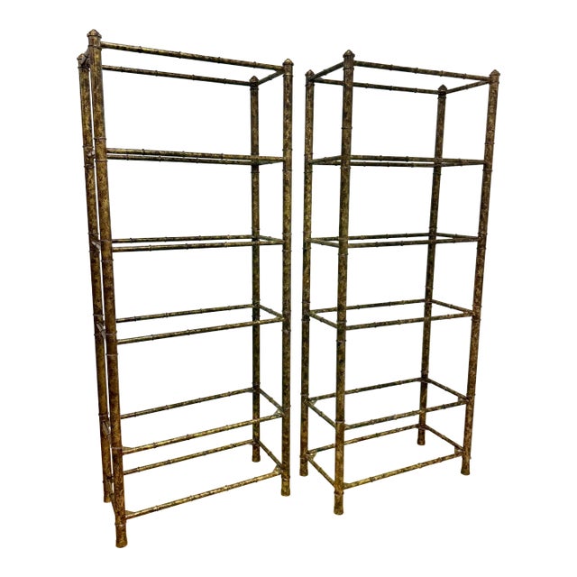 Stunning Pair of Vintage Mid-Century Tole Faux Bamboo Bookcase Etergeres in a Faux Tortoise Shell Finish - Newly Painted For Sale