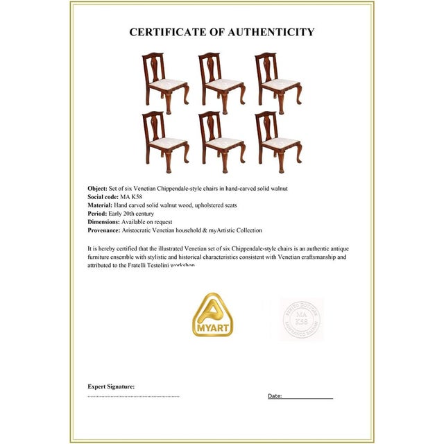 Italian Baroque Chippendale Style Walnut Chairs from Testolini, 1920s, Set of 6 For Sale - Image 9 of 10