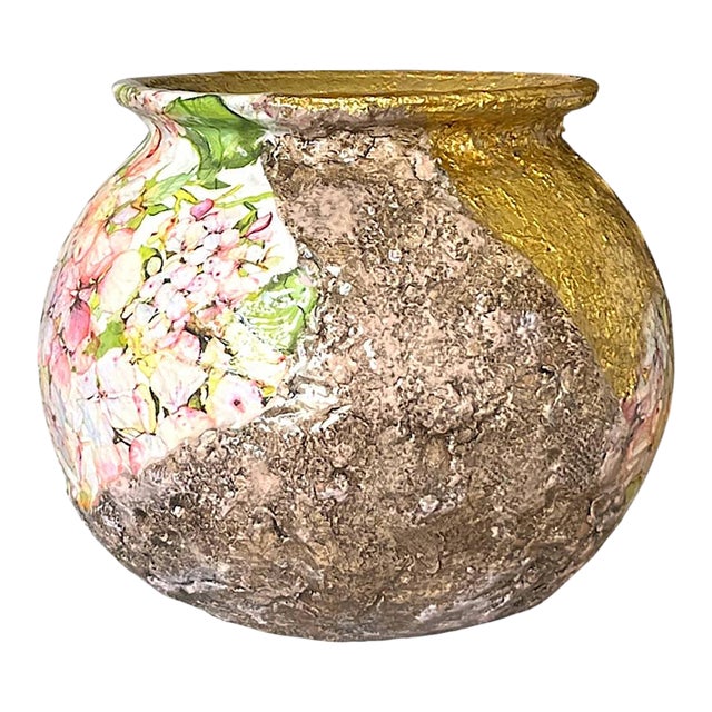 Gilded Hydrangea Vessel With Aged Masonry Texture For Sale