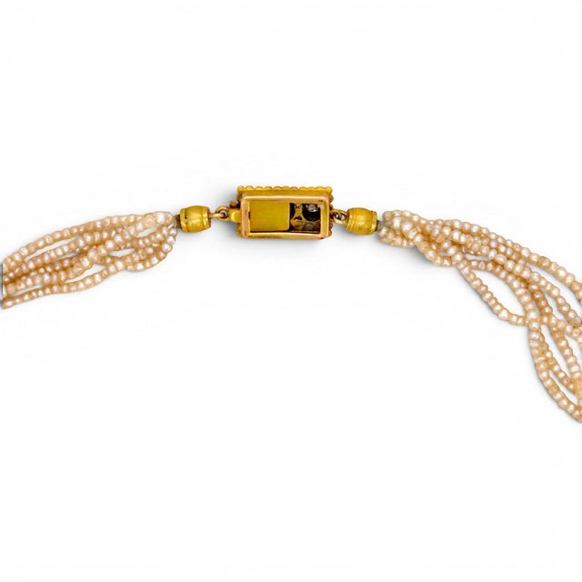 Early 20th Century Antique Belle Époque Multi Strand Pearl Choker Necklace — 18k Gold & Old-Cut For Sale - Image 5 of 8